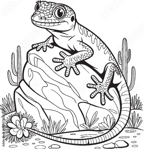 Lizard Basking on a Rock – Black and White Line Art Illustration