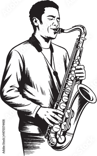 Street Musician Playing Saxophone – Line Art Illustration