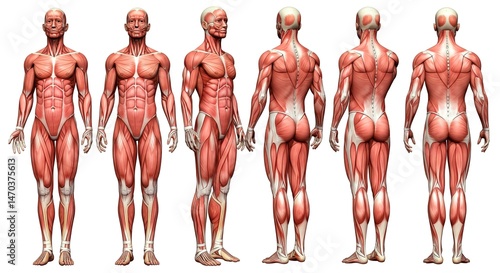 Illustration of human muscular system from multiple angles on white background