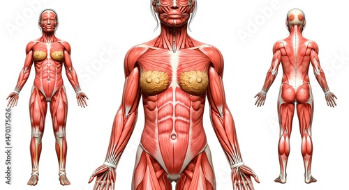 Anatomical illustration of a female muscular system front and back views