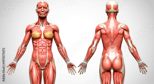 A detailed anatomical illustration of human musculature front and back view