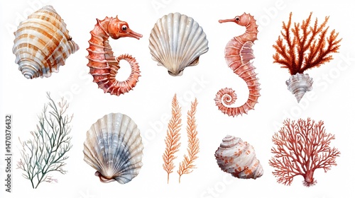 Marine Life Collection Featuring Seashells, Seahorse, and Coral on White Background