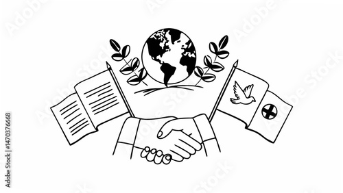 Illustration of a handshake with flags globe and olive branches symbolizing peace and cooperation created with generated ai