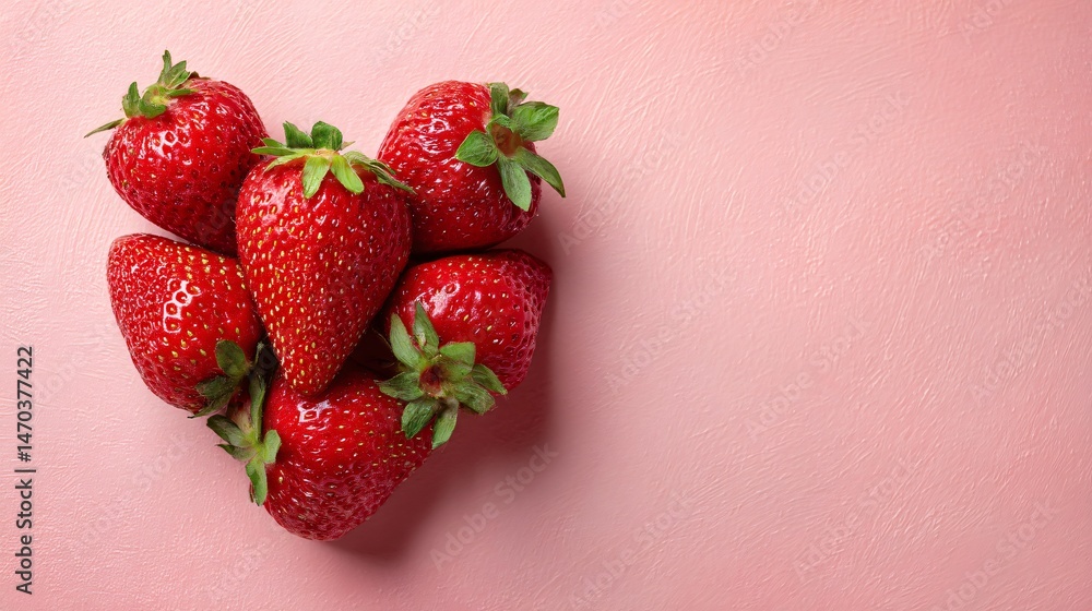 Strawberries arranged in heart shape, soft pastel background with minimal shadows, side copy space Strawberries arranged in heart shape, soft pastel background with minimal shadows, side copy space