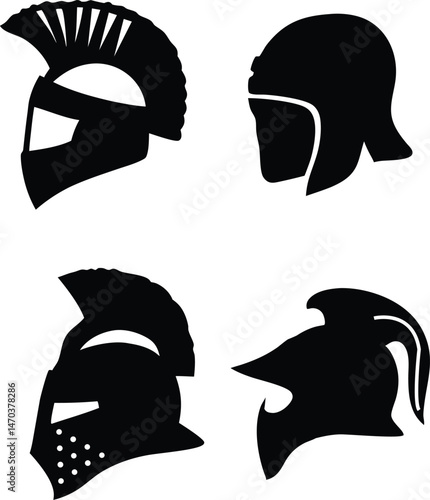 Ancient and Medieval Helmet Silhouettes Vector Illustration Set - Spartan, Roman, and Knight Headgear for Historical and Warrior Designs