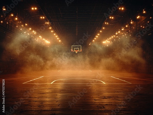 Empty basketball court, dimly lit with smoke, wooden floor, hoop at center
