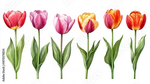 Wallpaper Mural Elegant Set of Tulips Flowers on White Background, Watercolor Painting Torontodigital.ca