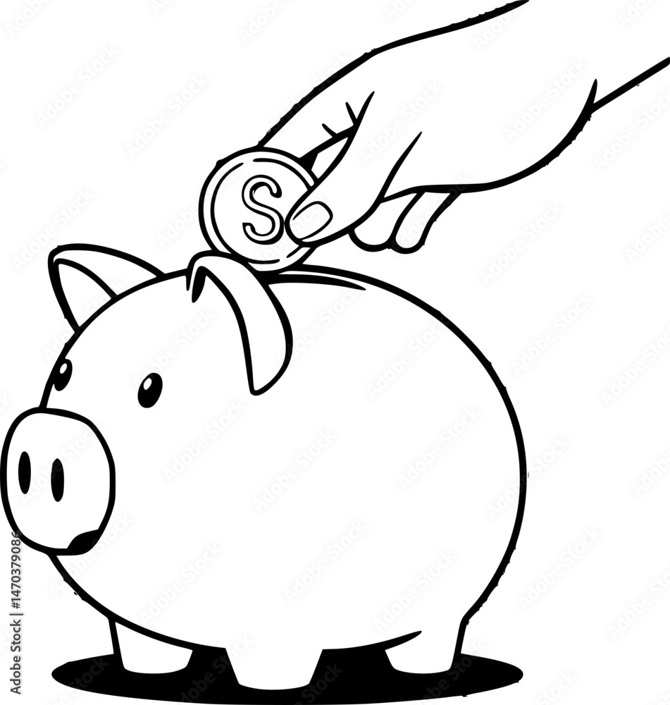 Hand Putting Coin in Piggy Bank Hand Putting Coin in Piggy Bank