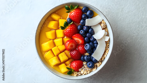 Wallpaper Mural Nutrient-Rich Mango Smoothie Bowl Topped with Mixed Fresh Fruits, Coconut Chips, and Rolled Oats – Healthy Breakfast Idea, Fitness and Wellness, Organic Eating Concept Torontodigital.ca