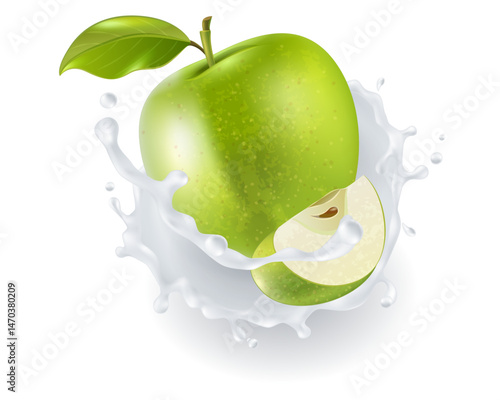 Green Apple Splashing into Milk or Yogurt