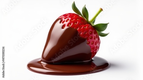 A vibrant strawberry dipped in rich, glossy chocolate sauce, creating a delicious and indulgent dessert moment