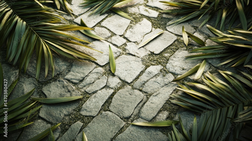 Obraz premium Palm fronds lying on a stone path, symbolizing Jesus' triumphal entry, Palm Sunday theme