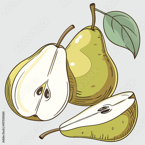 Sweet ripe green and yellow pears with a fresh apple illustration