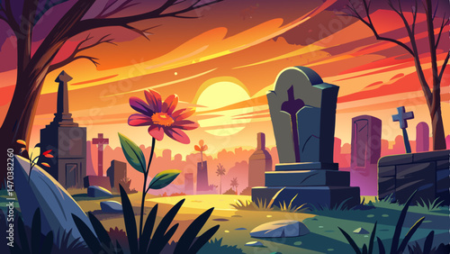 A poignant scene captures the beauty of a cemetery at sunset, focusing on a vibrant flower placed on a gravestone amidst the tranquil atmosphere of remembrance.