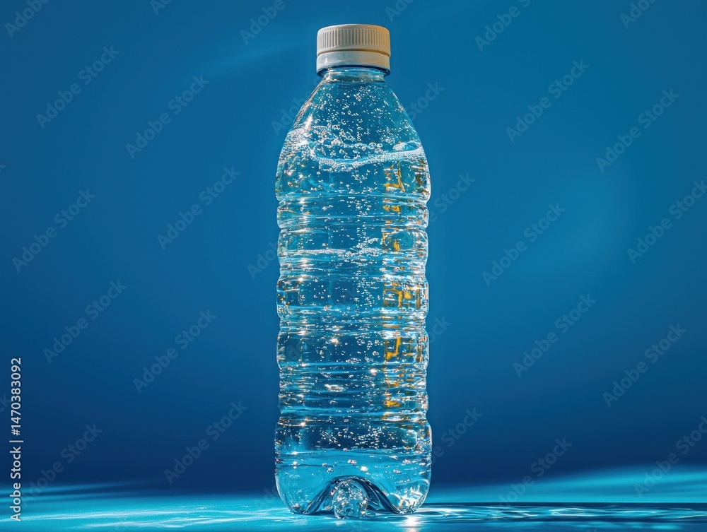 A clear plastic bottle filled with sparkling water sits on a reflective surface against a vibrant blue backdrop. The bottle's design is simple and sleek A clear plastic bottle filled with sparkling water sits on a reflective surface against a vibrant blue backdrop. The bottle's design is simple and sleek
