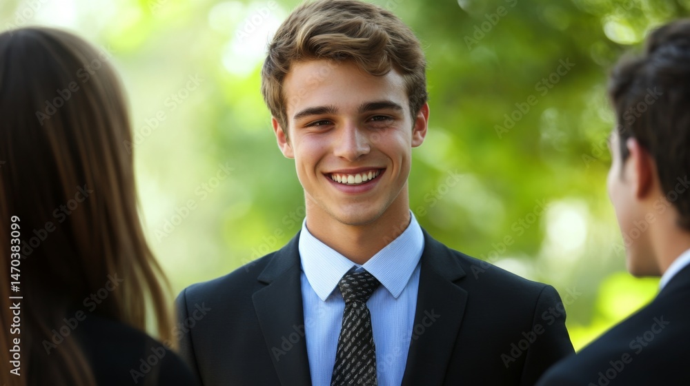Young man in suit smiles while engaging in conversation at a sunny outdoor gathering with friends Young man in suit smiles while engaging in conversation at a sunny outdoor gathering with friends