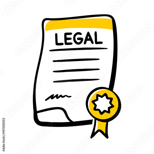 Legal Document Icon – Real Estate Contract and Official Paperwork: Hand-drawn official legal document with badge, representing contracts, agreements, and official real estate paperwork.