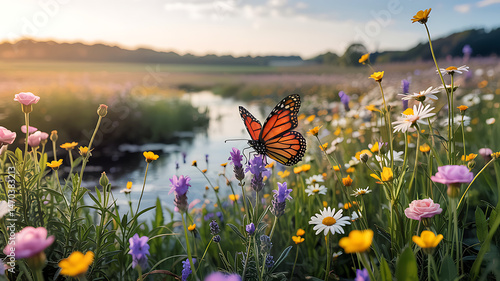 Colorful butterfly perched on a flower by a serene river