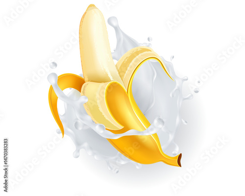 Peeled Banana Splashing into Milk or Yogurt