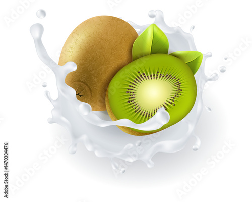 Kiwi Splashing into Milk or Yogurt Vector Illustration