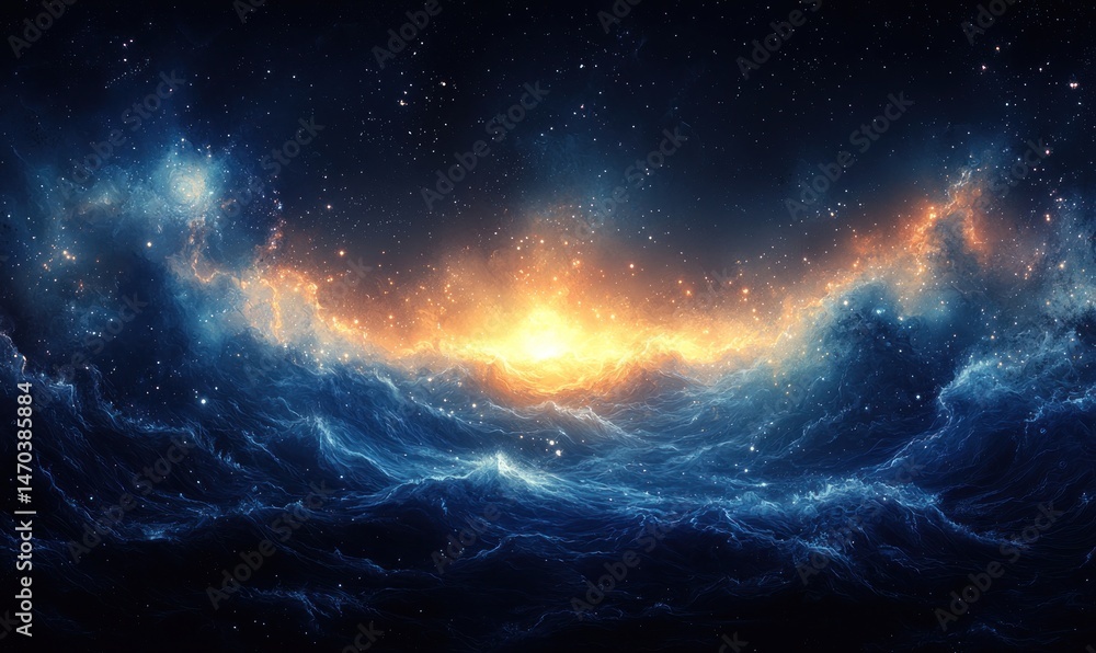 Fototapeta premium Cosmic ocean waves glow with vibrant, fiery hues and icy blue under a starlit expanse