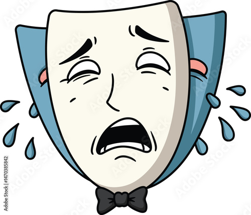 Comedy and Tragedy Mask Crying with Tears and Bow Tie Vector Illustration in Cartoon Style 