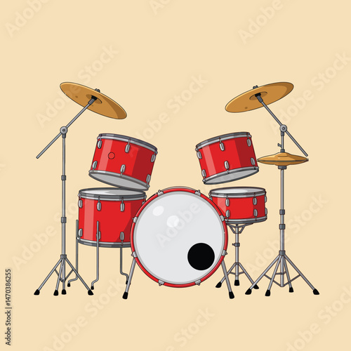 Red drum set with cymbals and stands vector illustration in music instrument style 