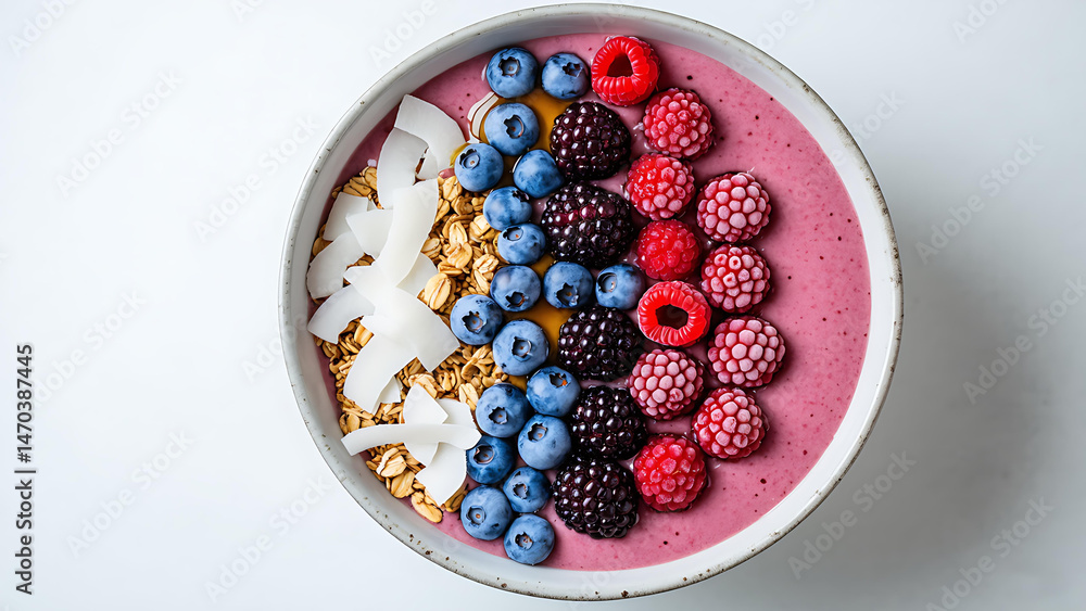 Flat Lay of a Nutrient-Rich Raspberry Smoothie Bowl Topped with Mixed Fresh Fruits like blueberry, raspberry, blackberry, Coconut Chips, and Rolled Oats – Healthy Organic Breakfast Idea, Studio Photo Flat Lay of a Nutrient-Rich Raspberry Smoothie Bowl Topped with Mixed Fresh Fruits like blueberry, raspberry, blackberry, Coconut Chips, and Rolled Oats – Healthy Organic Breakfast Idea, Studio Photo