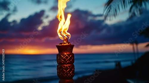 Sunset Tropical Beach Torch Fire  Ocean Romantic Paradise Evening