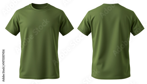Blank T Shirt color military green template front and back view on white background, 8k  photorealism. White tone