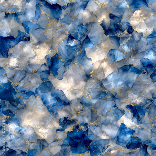 Wallpaper Mural Celestial Stone: A mesmerizing close-up captures a seamless, intricate mosaic of blue and white crystalline formations. The natural stone showcases the captivating beauty and complexity of nature. Torontodigital.ca