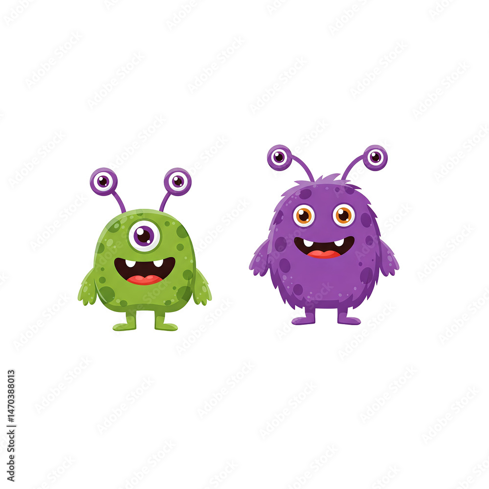 Adorable cartoon monsters with friendly expressions and vibrant colors perfect for children's book illustrations, game design, or fun apparel graphics featuring whimsical creatures. Adorable cartoon monsters with friendly expressions and vibrant colors perfect for children's book illustrations, game design, or fun apparel graphics featuring whimsical creatures.