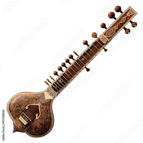 Exquisitely Crafted Vintage Sitar Indian Classical Music Instrument  Detailed Closeup Studio Shot against Black Background showcasing Intricate Wood Carving and Metal Inlay