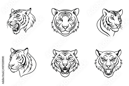 Tiger face liner art Icon Set on white background