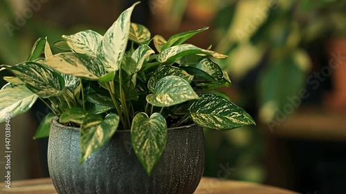 Marble Queen Pothos in a Dark Grey Pot on a Wooden Table
