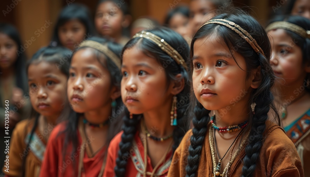 Obraz premium Group Native American children learn traditional dances, songs. Kids in traditional clothes. Indigenous culture, preserving heritage. Cultural center, heritage exploration, cultural exchange. Focus