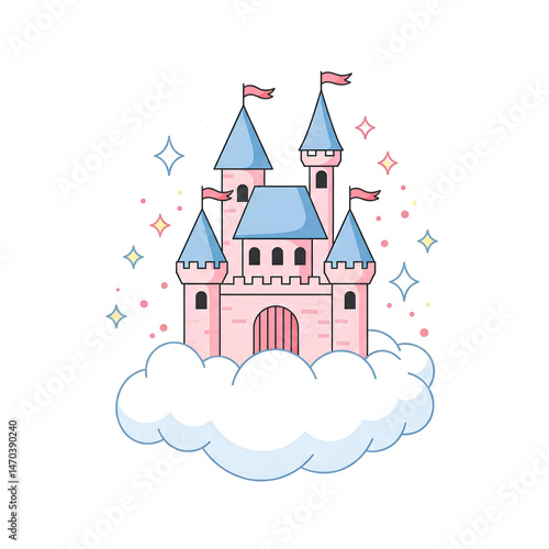 A whimsical pink castle nestled on a fluffy cloud surrounded by sparkling stars a magical fairytale illustration perfect for children's books websites and dreamy designs