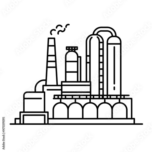 Oil refinery structure in line art style against a white background  