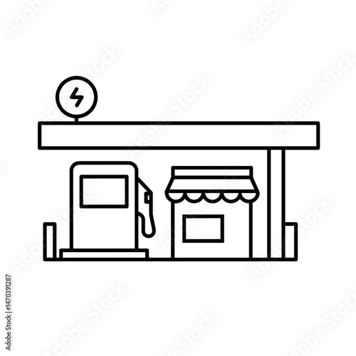 Gas Station with Fuel Pump and Convenience Store in Outline Style  