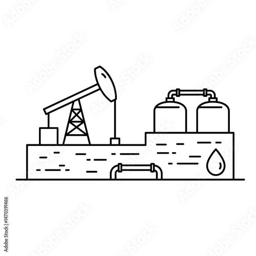 Oil Field Illustration of Oil Industry Equipment in Black and White  