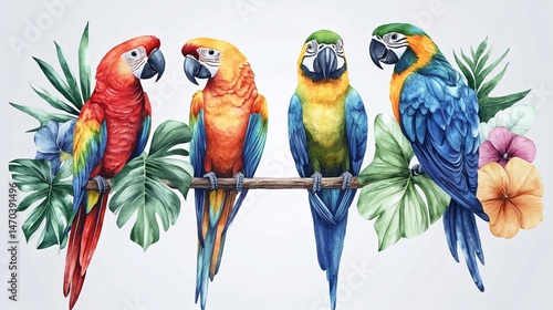 Vibrant Tropical Parrot with Exotic Leaves and Flowers Set for Creative Projects