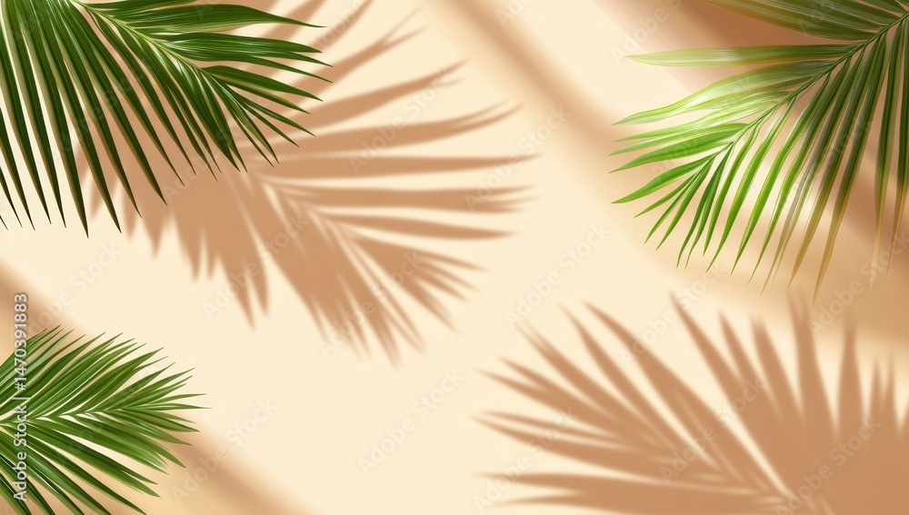 Fototapeta premium Palm leaves cast shadows on a pastel background