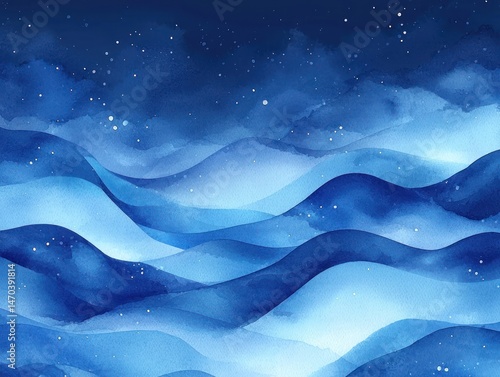 Serene watercolor landscape of undulating hills under a starry night sky, rendered in shades of blue