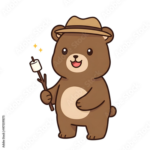 Adorable cartoon bear wearing a hat enjoys a roasted marshmallow on a stick against a transparent background perfect for kids apparel design, greeting cards or children's book illustrations.