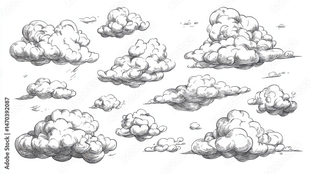 Fototapeta premium Sketch clouds. Hand drawn sky cloudscape. Outline sketching cloud vintage collection illustration , no logos, no brands