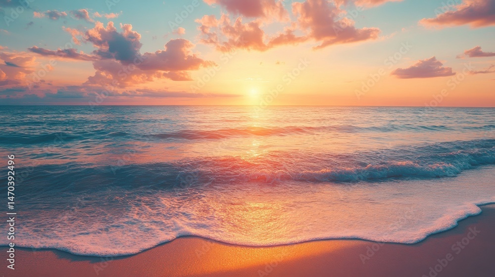 Fototapeta premium Scenic colorful sunset at the sea coast. Good for wallpaper or background image. Beautiful nature landscapes illustration , no logos, no brands