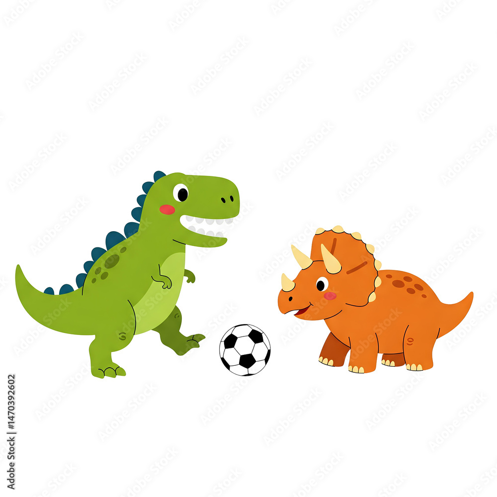 Fototapeta premium Adorable cartoon dinosaurs playing soccer a fun illustration perfect for kids books childrens apparel websites and playful designs featuring a T Rex and Triceratops enjoying a friendly game
