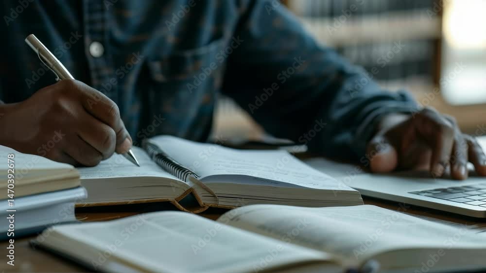 A student diligently writes notes in a notebook alongside open books, while using a laptop. The scene depicts focused studying and the blending of traditional with digital learning.