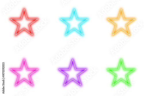 Neon glowing star on transparent background, pink, blue, gold, purple, green, and red neon light glowing illuminated design, Glow Star effect. 
