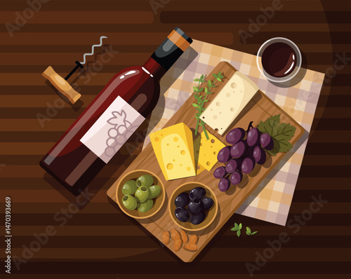 Delicious cheese platter with various cheeses, nuts, olives and fresh grapes on a wooden cutting board. Wine and a corkscrew on the table. The concept of wine tasting. Top View.